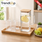 GLASS WATER PITCHER SET WITH 4 RIBBED GLASSES & BAMBOO TRAY - WHITE