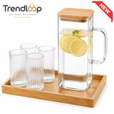 GLASS WATER PITCHER SET WITH 4 RIBBED GLASSES & BAMBOO TRAY - WHITE