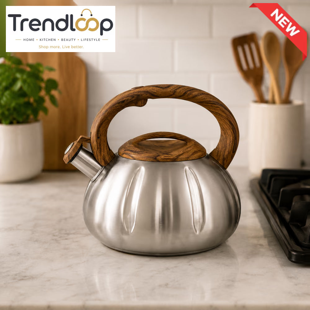 STAINLESS STEEL WHISTLING TEA KETTLE WITH WOOD-GRAIN HANDLE 3.0L