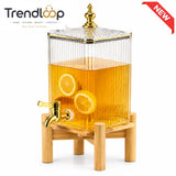 SQUARE RIBBED GLASS BEVERAGE DISPENSER WITH BAMBOO STAND & GOLD FAUCET - 4.2 LITER