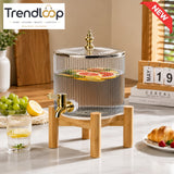 ROUND RIBBED GLASS BEVERAGE DISPENSER WITH BAMBOO STAND & GOLD FAUCET - 4.2 LITER