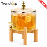 RIBBED GLASS BEVERAGE DISPENSER WITH BAMBOO STAND & GOLD FAUCET - 3.2 LITER