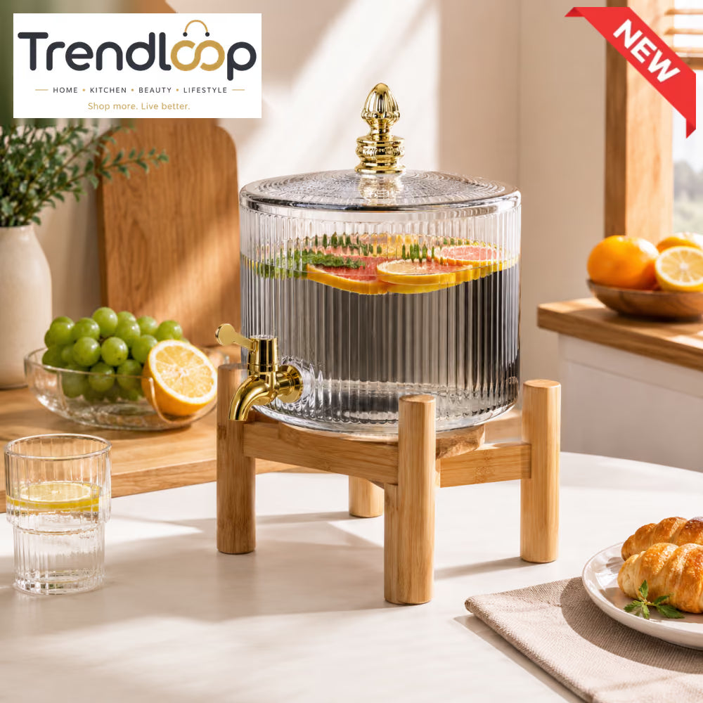 RIBBED GLASS BEVERAGE DISPENSER WITH WOODEN STAND & GOLD TAP - 3.2 LITER