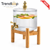 RIBBED GLASS BEVERAGE DISPENSER WITH WOODEN STAND & GOLD TAP - 3.2 LITER