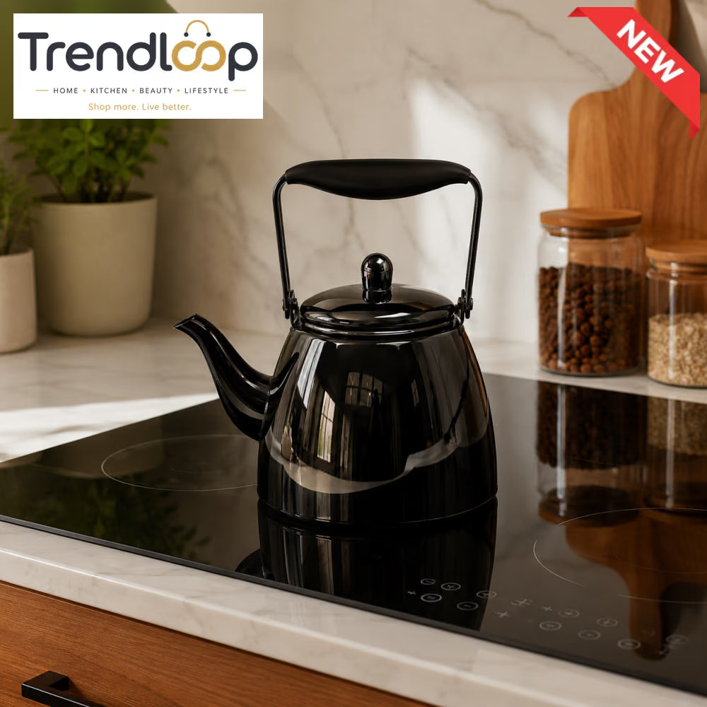 MODERN BLACK STOVETOP TEA KETTLE WITH ERGONOMIC HANDLE – 1.0L