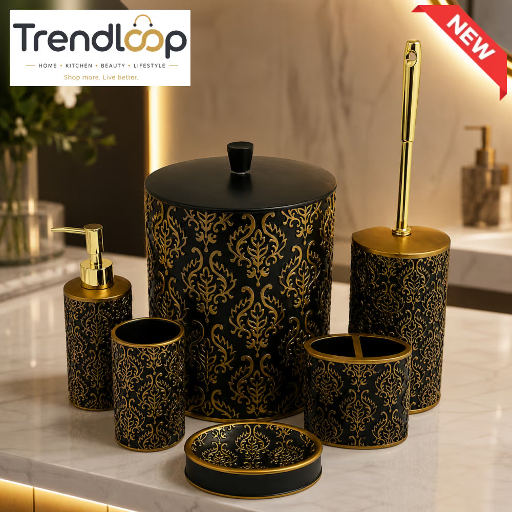 LUXURY BLACK & GOLD 6-PIECE BATHROOM ACCESSORY SET