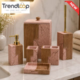 MODERN PINK & WOOD TEXTURED CERAMIC BATHROOM ACCESSORIES SET – 6 PIECES