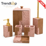 MODERN PINK & WOOD TEXTURED CERAMIC BATHROOM ACCESSORIES SET – 6 PIECES