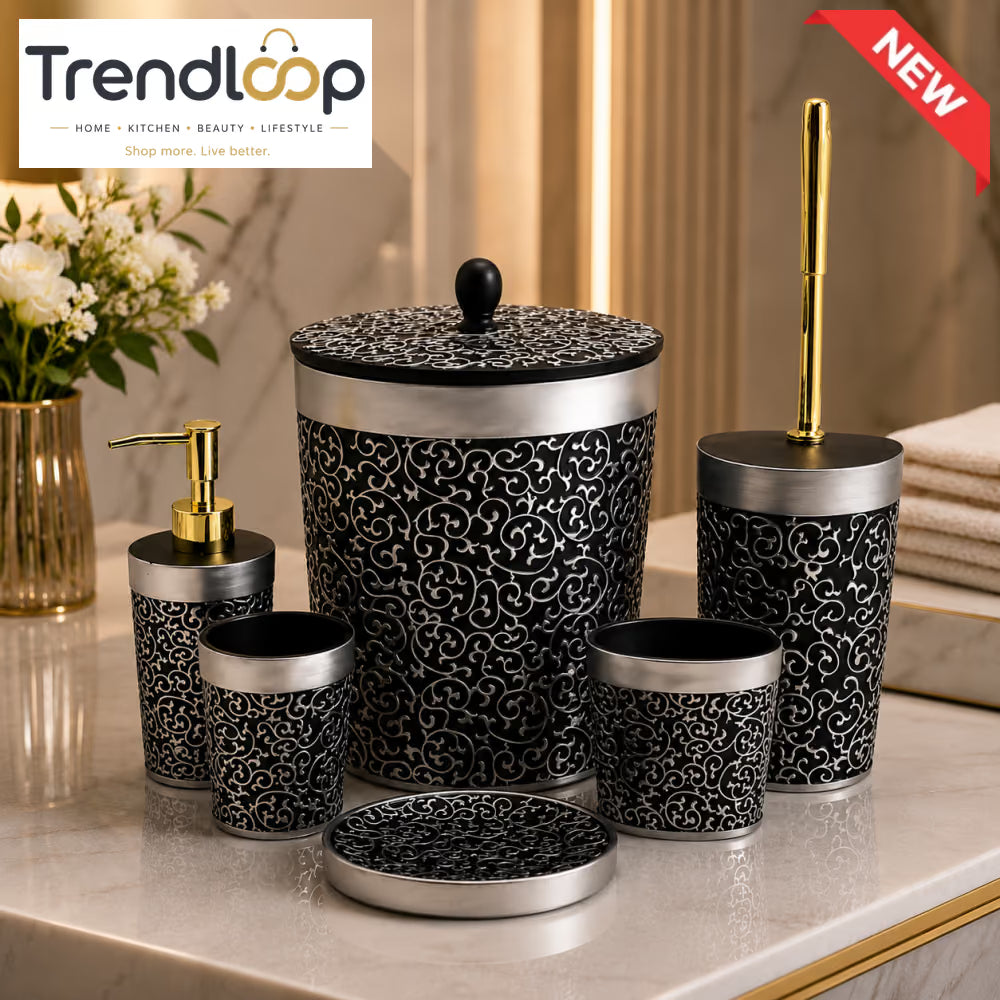 LUXURY BLACK & SILVER BATHROOM ACCESSORIES SET – 6 PIECES