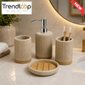 MODERN RIBBED CERAMIC BATHROOM ACCESSORIES SET WITH BAMBOO BASE – 4 PIECES