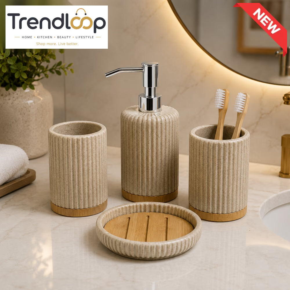 MODERN RIBBED CERAMIC BATHROOM ACCESSORIES SET WITH BAMBOO BASE – 4 PIECES