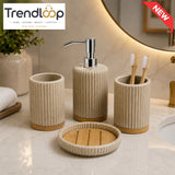 MODERN RIBBED CERAMIC BATHROOM ACCESSORIES SET WITH BAMBOO BASE – 4 PIECES