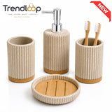 MODERN RIBBED CERAMIC BATHROOM ACCESSORIES SET WITH BAMBOO BASE – 4 PIECES