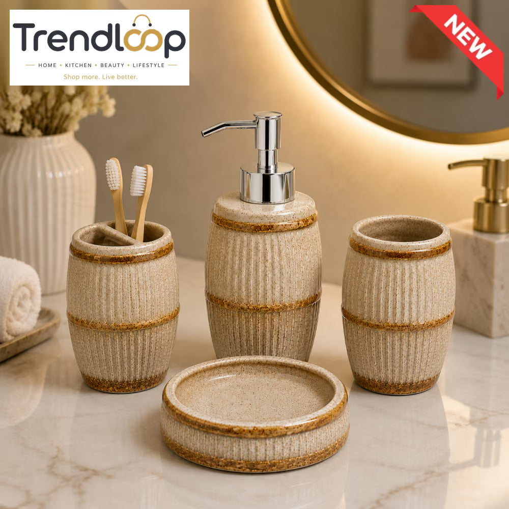RUSTIC BEIGE CERAMIC BATHROOM ACCESSORIES SET – 4 PIECES