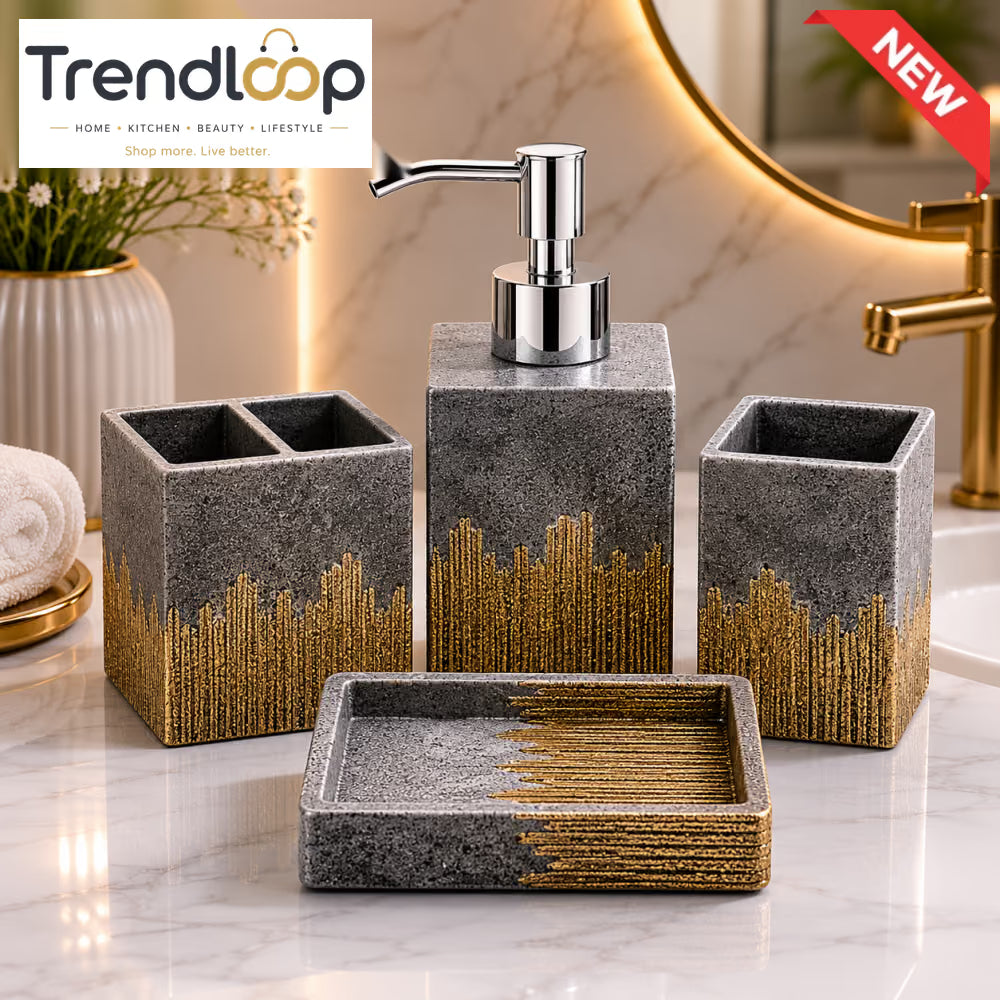 MODERN CHARCOAL & GOLD BATHROOM ACCESSORIES SET – 4 PIECES