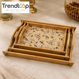 LUXEWOOD 3-PIECE RECTANGULAR WOODEN SERVING TRAY SET - BLUE WILDFLOWER