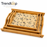 LUXEWOOD 3-PIECE RECTANGULAR WOODEN SERVING TRAY SET - BLUE WILDFLOWER