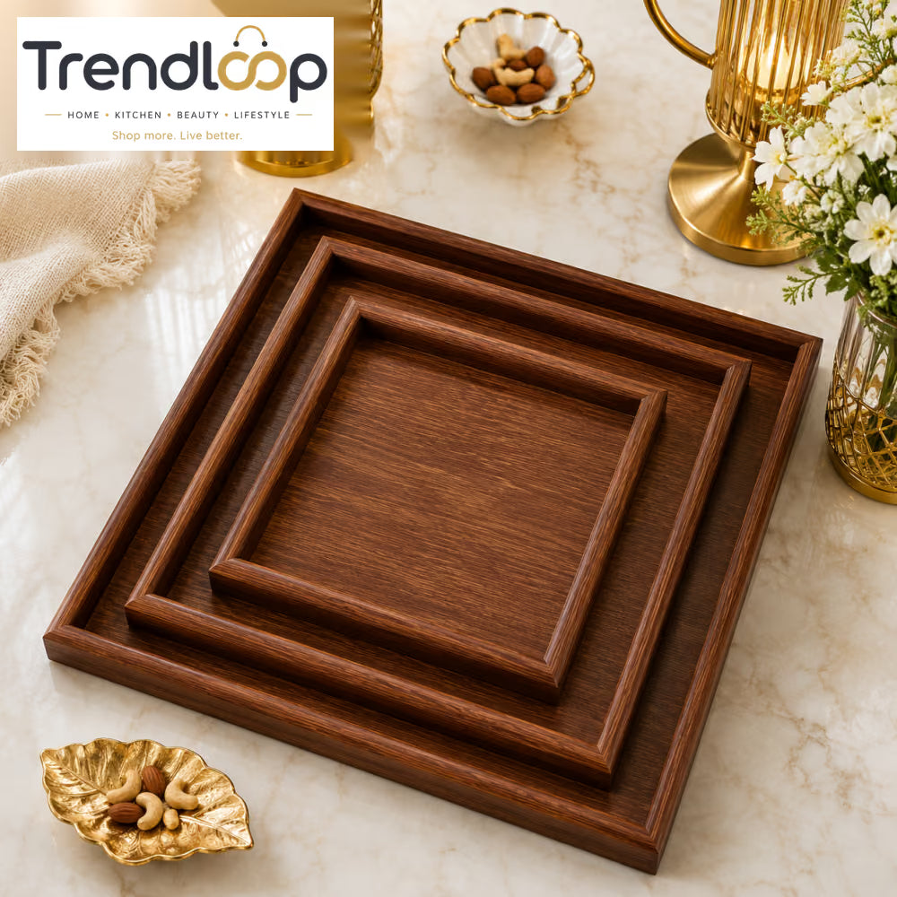 LUXEWOOD 3-PIECE WOODEN SERVING TRAY SET - MAHOGANY WOOD