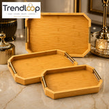 LUXEWOOD OCTAGONAL BAMBOO SERVING TRAY SET WITH METAL HANDLES 3 PIECES
