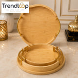 LUXEWOOD ROUND BAMBOO SERVING TRAY SET WITH GOLD METAL HANDLES - 3 PIECES