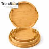 LUXEWOOD ROUND BAMBOO SERVING TRAY SET WITH GOLD METAL HANDLES - 3 PIECES