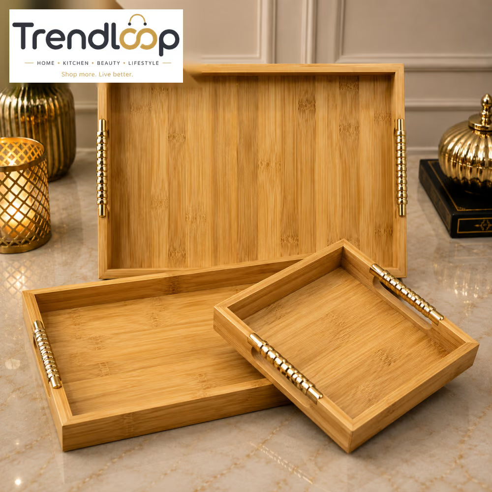 LUXEWOOD PREMIUM BAMBOO SERVING TRAY SET WITH GOLD METAL HANDLES - 3 PIECES