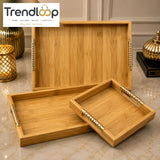 LUXEWOOD PREMIUM BAMBOO SERVING TRAY SET WITH GOLD METAL HANDLES - 3 PIECES