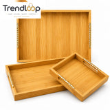 LUXEWOOD PREMIUM BAMBOO SERVING TRAY SET WITH GOLD METAL HANDLES - 3 PIECES