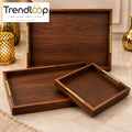 LUXEWOOD PREMIUM 3-PIECE WOODEN SERVING TRAY SET WITH METAL HANDLES - DARK WOOD