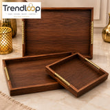 LUXEWOOD PREMIUM 3-PIECE WOODEN SERVING TRAY SET WITH METAL HANDLES - DARK WOOD