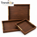 LUXEWOOD PREMIUM 3-PIECE WOODEN SERVING TRAY SET WITH METAL HANDLES - DARK WOOD