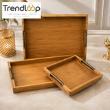 LUXEWOOD PREMIUM 3-PIECE WOODEN SERVING TRAY SET WITH METAL HANDLES - LIGHT WOOD