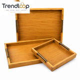 LUXEWOOD PREMIUM 3-PIECE WOODEN SERVING TRAY SET WITH METAL HANDLES - LIGHT WOOD