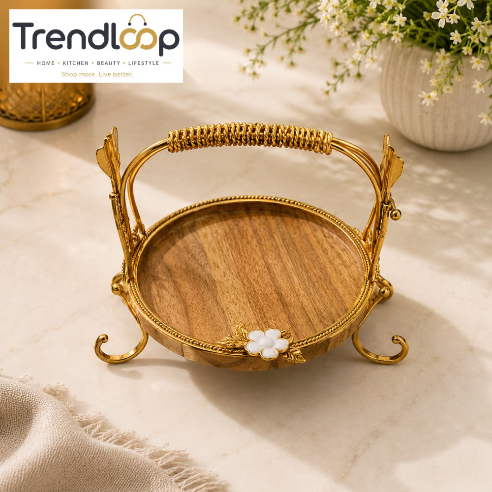 LUXEWOOD PREMIUM ROUND WOODEN SERVING PLATTER WITH GOLD HANDLE - SMALL