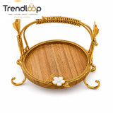 LUXEWOOD PREMIUM ROUND WOODEN SERVING PLATTER WITH GOLD HANDLE - SMALL