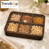 LUXEWOOD PREMIUM 6-PARTITION WOODEN DRY FRUIT & SNACK SERVING BOX - DARK WOOD