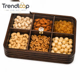 LUXEWOOD PREMIUM 6-PARTITION WOODEN DRY FRUIT & SNACK SERVING BOX - DARK WOOD