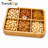 LUXEWOOD PREMIUM 6-PARTITION WOODEN DRY FRUIT & SNACK SERVING BOX - LIGHT BROWN