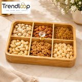 LUXEWOOD PREMIUM 6-PARTITION WOODEN DRY FRUIT & SNACK SERVING BOX - LIGHT BROWN