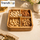 LUXEWOOD PREMIUM 4-PARTITION WOODEN DRY FRUIT & SNACK SERVING BOX - LIGHT BROWN