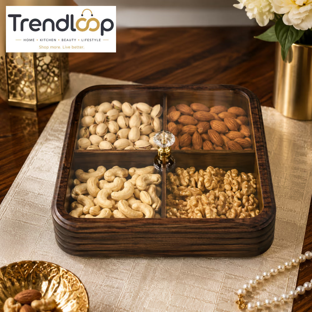LUXEWOOD PREMIUM 4-PARTITION WOODEN DRY FRUIT & SNACK SERVING BOX - DARK WOOD