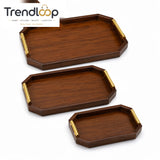 PREMIUM WOODEN SERVING TRAY SET WITH GOLD HANDLES 3-PIECES SET