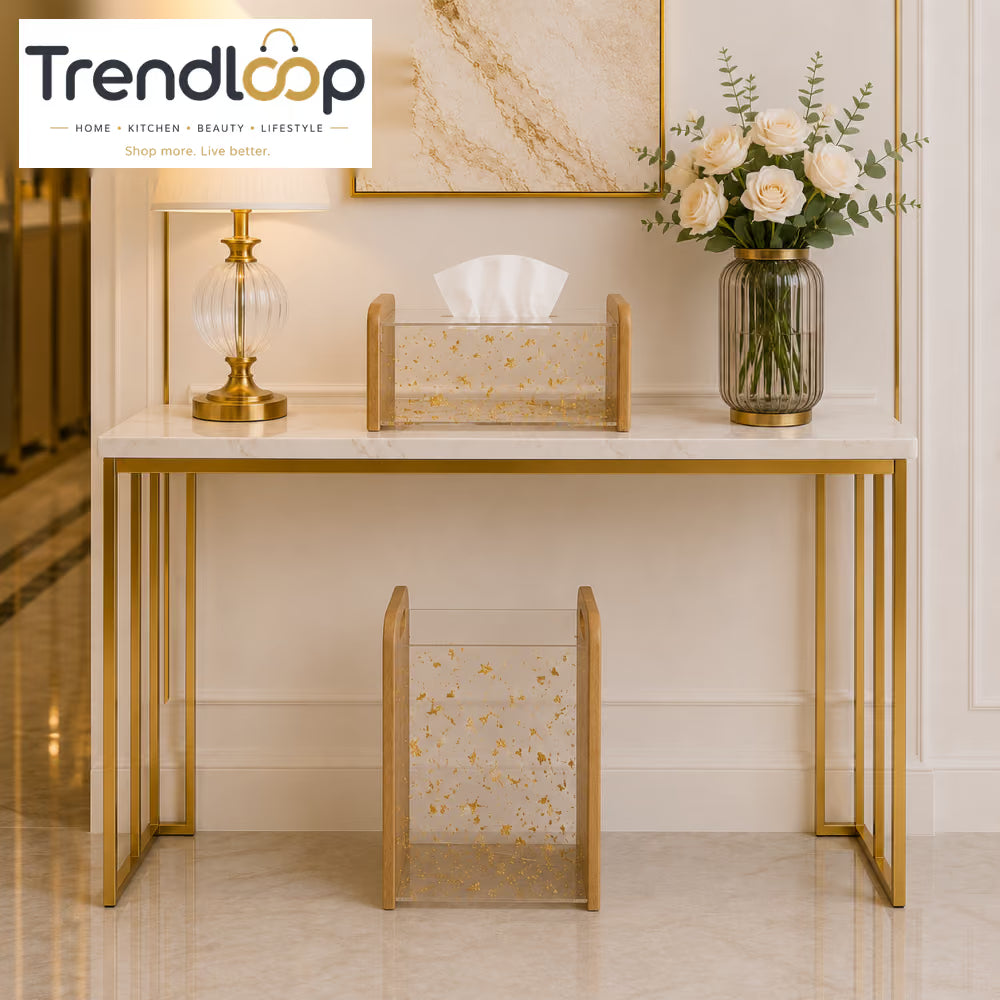 LUXURY BAMBOO & GOLD FLAKE ACRYLIC TISSUE BOX WITH MATCHING DUSTBIN SET