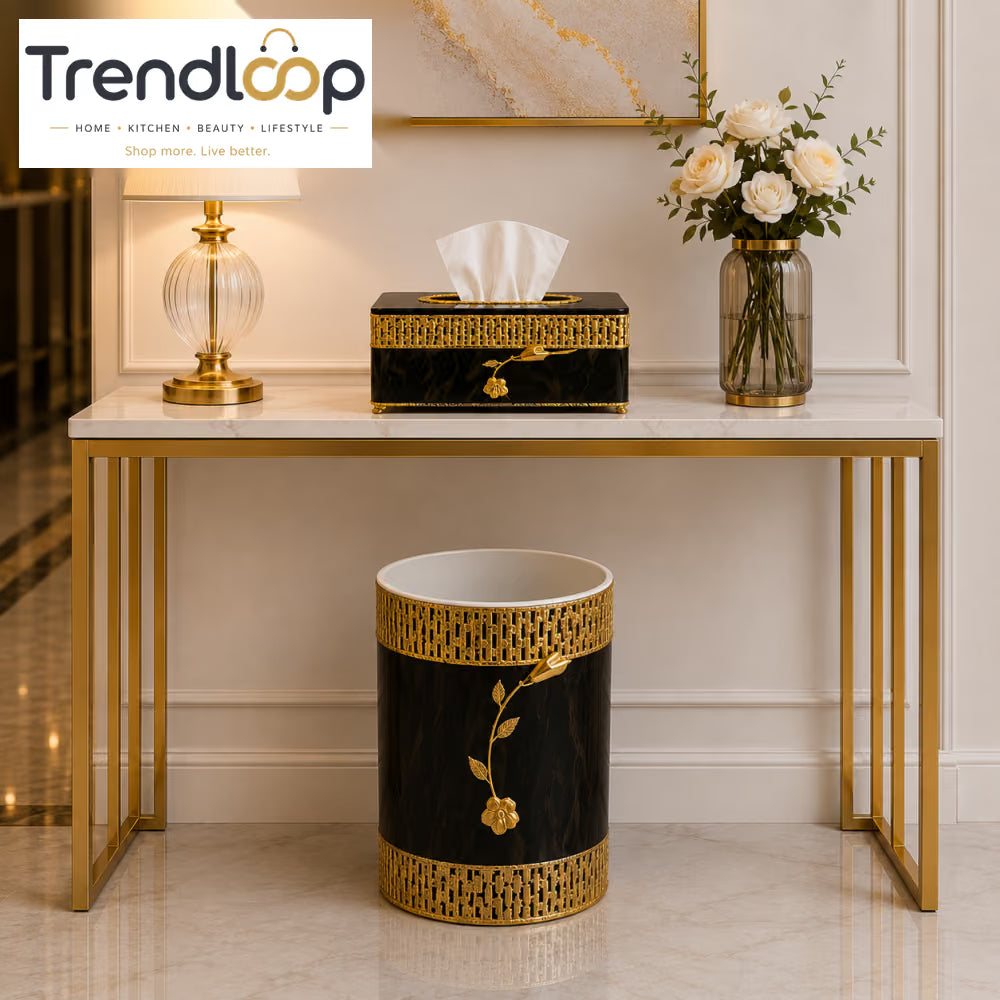 LUXURY GOLDEN DECORATIVE TISSUE BOX & DUSTBIN SET - BLACK & GOLDEN
