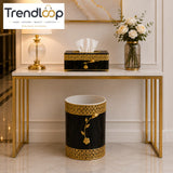 LUXURY GOLDEN DECORATIVE TISSUE BOX & DUSTBIN SET - BLACK & GOLDEN