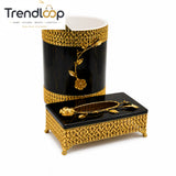 LUXURY GOLDEN DECORATIVE TISSUE BOX & DUSTBIN SET - BLACK & GOLDEN
