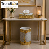 LUXURY GOLDEN DECORATIVE TISSUE BOX & DUSTBIN SET - WHITE & GOLDEN