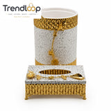 LUXURY GOLDEN DECORATIVE TISSUE BOX & DUSTBIN SET - WHITE & GOLDEN