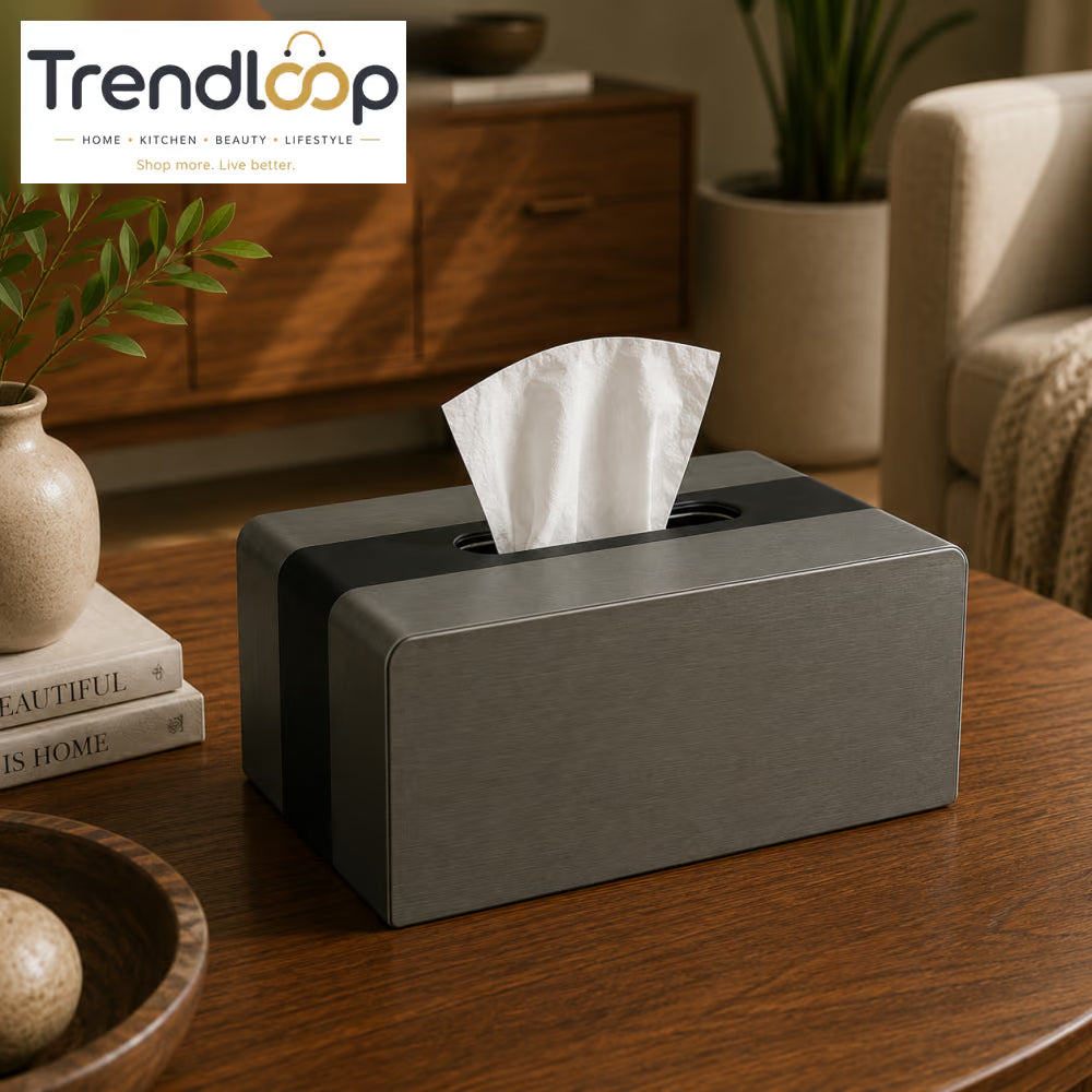 LUXURY WOOD & LEATHER TABLETOP TISSUE BOX HOLDER - GRAPHITE GREY