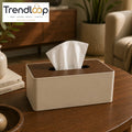 PREMIUM LEATHER & WOOD TISSUE BOX HOLDER - SAND BEIGE